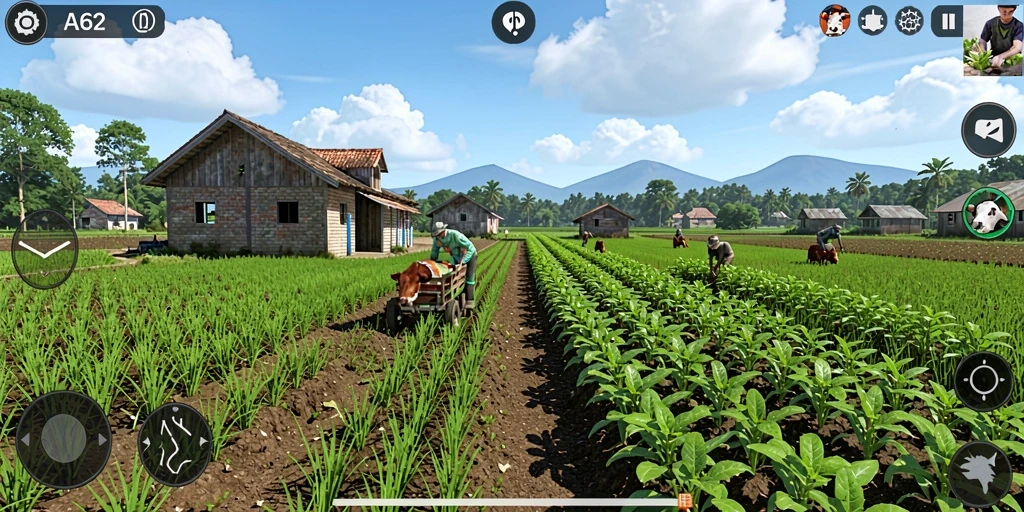 Tangkapan layar gameplay AA62 yang menampilkan ladang subur dan aktivitas bertani.