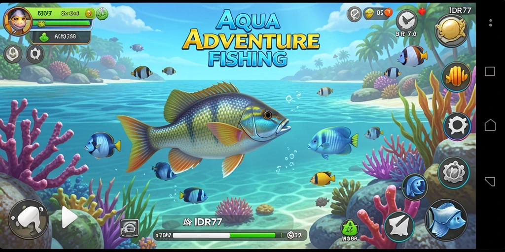Screenshot gameplay IDR77 menampilkan aksi memancing seru dan ikannya.