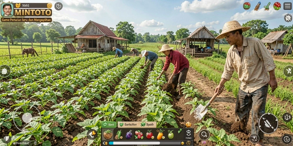 Tangkapan layar MINTOTO menampilkan ladang hijau subur dan hewan ternak yang ceria.