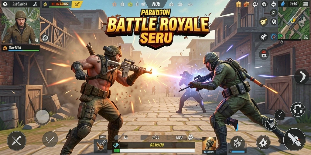 Tangkapan layar utama N06 menunjukkan aksi epik Battle Royale.